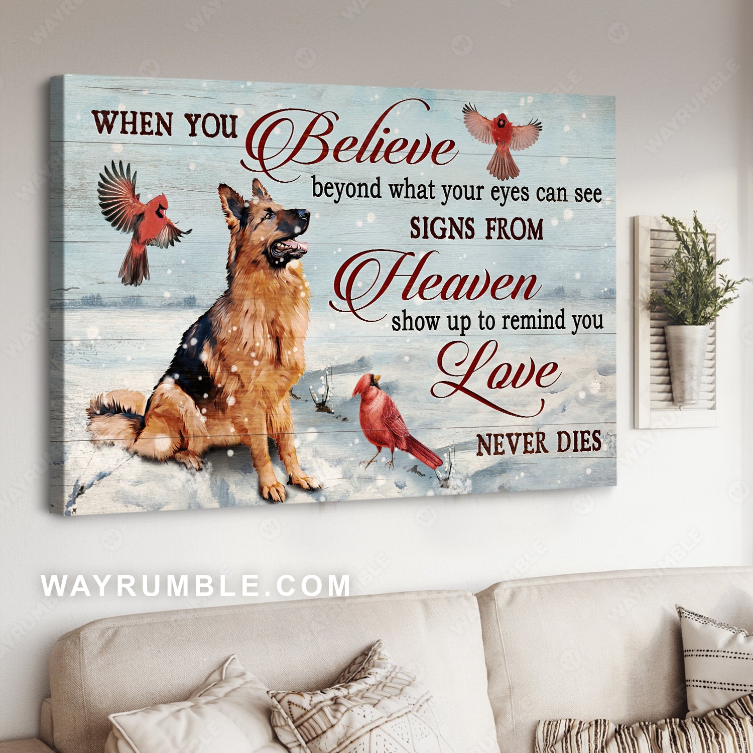 German shepherd dog, Red cardinal, Snow, Signs from heaven - Heaven Landscape Canvas Prints, Wall Art