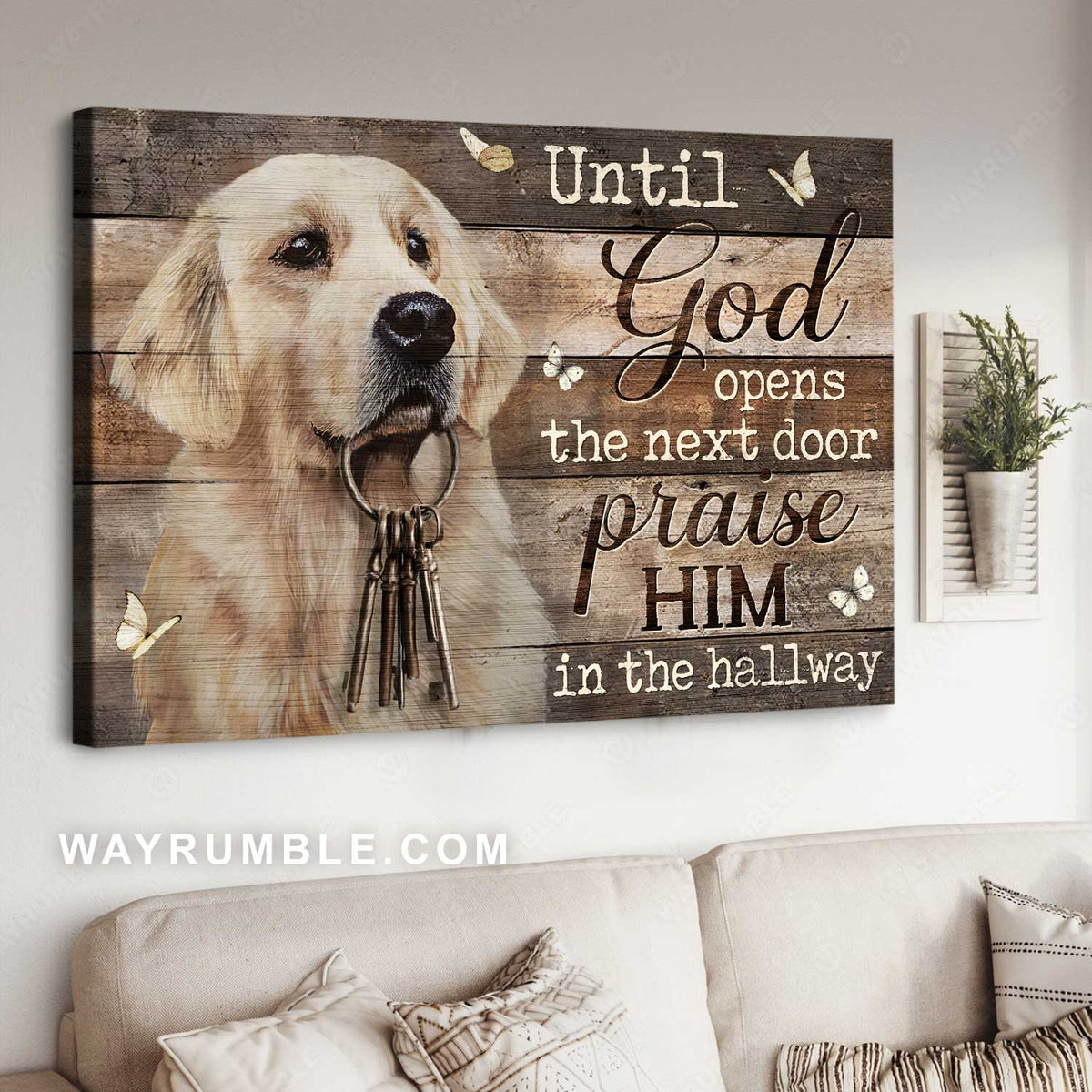 Little Golden Retriever, Golden key, Until God opens the next door - Jesus Landscape Canvas Prints, Home Decor Wall Art