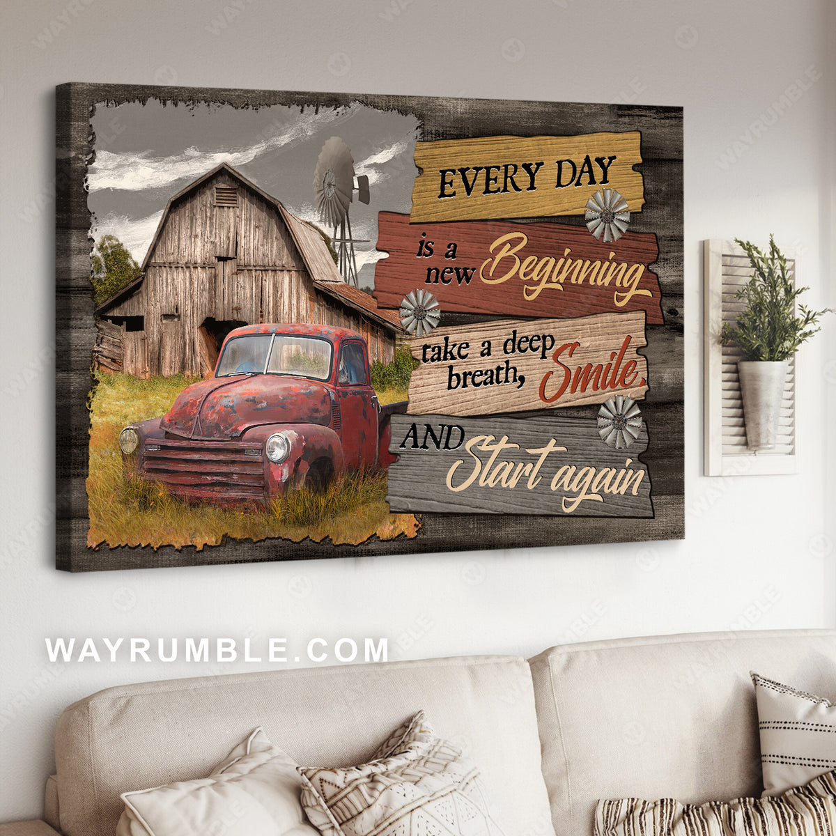 Old ladybug car, Wooden barn, Windmill, Every day is a new beginning - Jesus Landscape Canvas Prints, Christian Wall Art