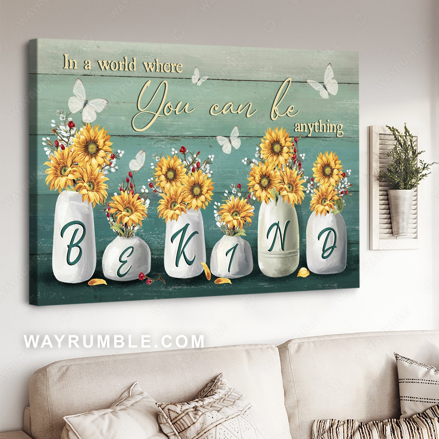 Sunflower vase, Butterfly, In the world where you can be anything - Jesus Landscape Canvas Prints, Home Decor Wall Art