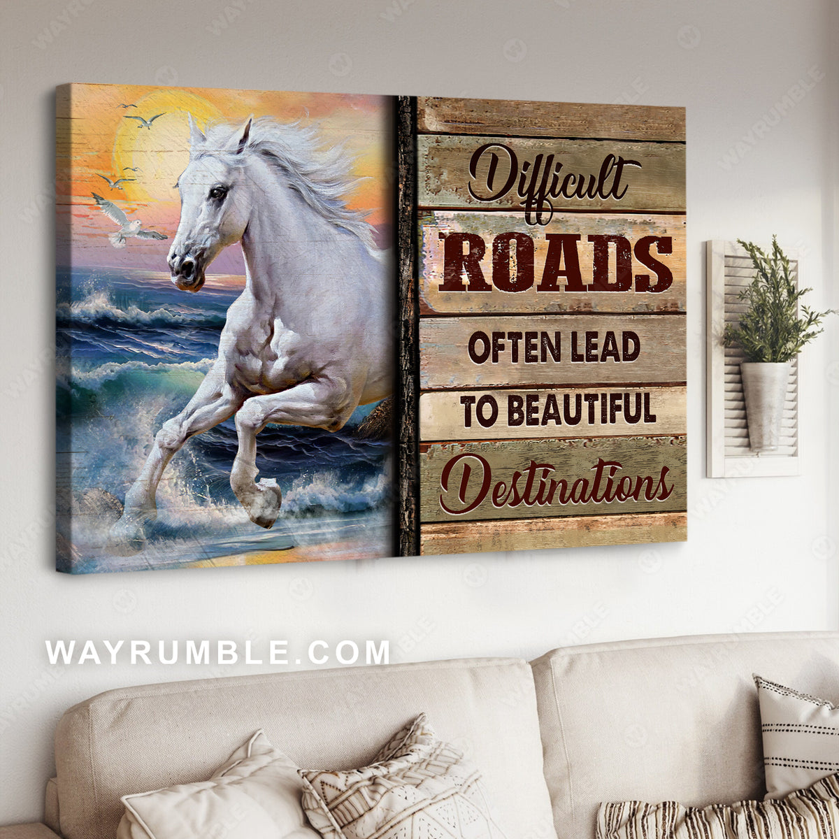 White horse, Blue ocean, Difficult roads often lead to beautiful destinations - Jesus Landscape Canvas Prints, Christian Wall Art