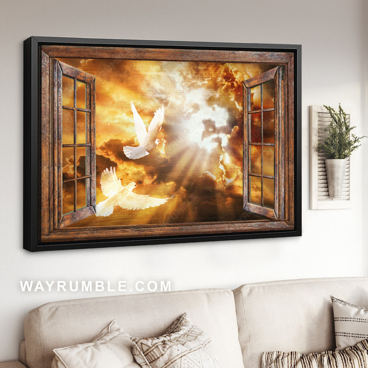 Stunning sunset, White dove drawing, Infinite halo, Wooden window - Jesus Landscape Canvas Prints, Christian Wall Art