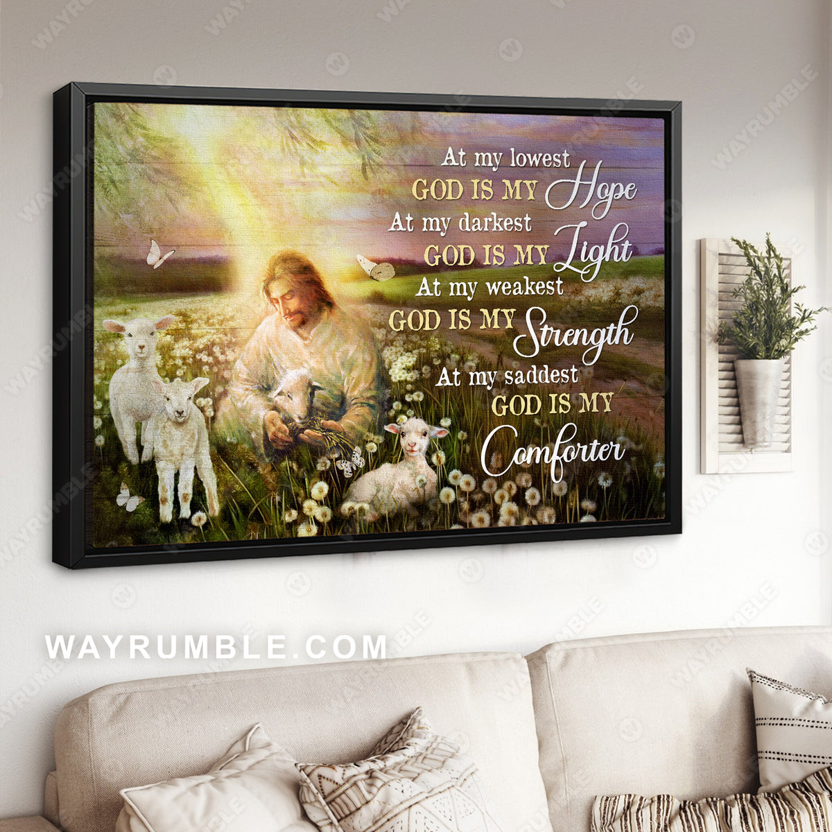 Walking with Jesus, White lamb, Dandelion field, God is my hope - Jesus Landscape Canvas Prints, Christian Wall Art