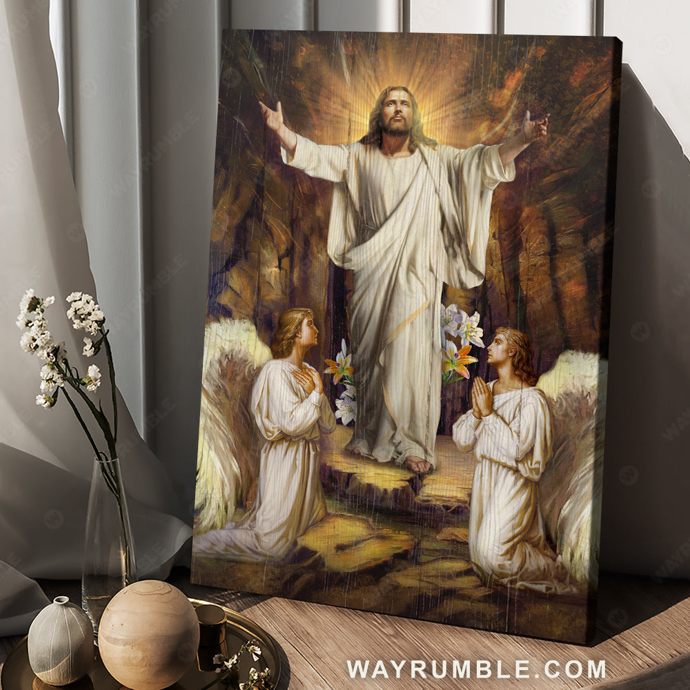 Pray with Jesus, Pray for healing, Lily flower symbol, Angel wings - Jesus Portrait Canvas Prints, Home Decor Wall Art