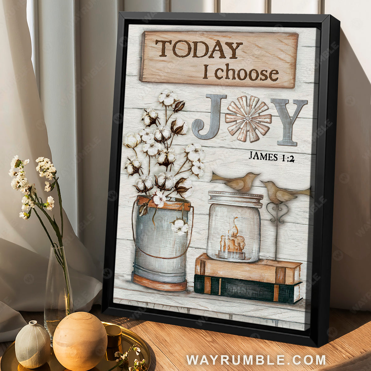 Cotton flower drawing, Bird couple, Today I choose joy - Jesus Portrait Canvas Prints, Christian Wall Art