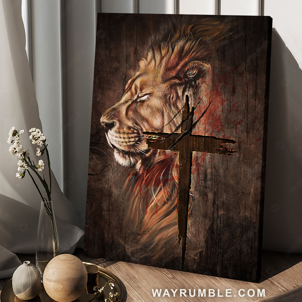 Stunning lion face, Antique cross, Brown background - Jesus Portrait Canvas Prints, Christian Wall Art