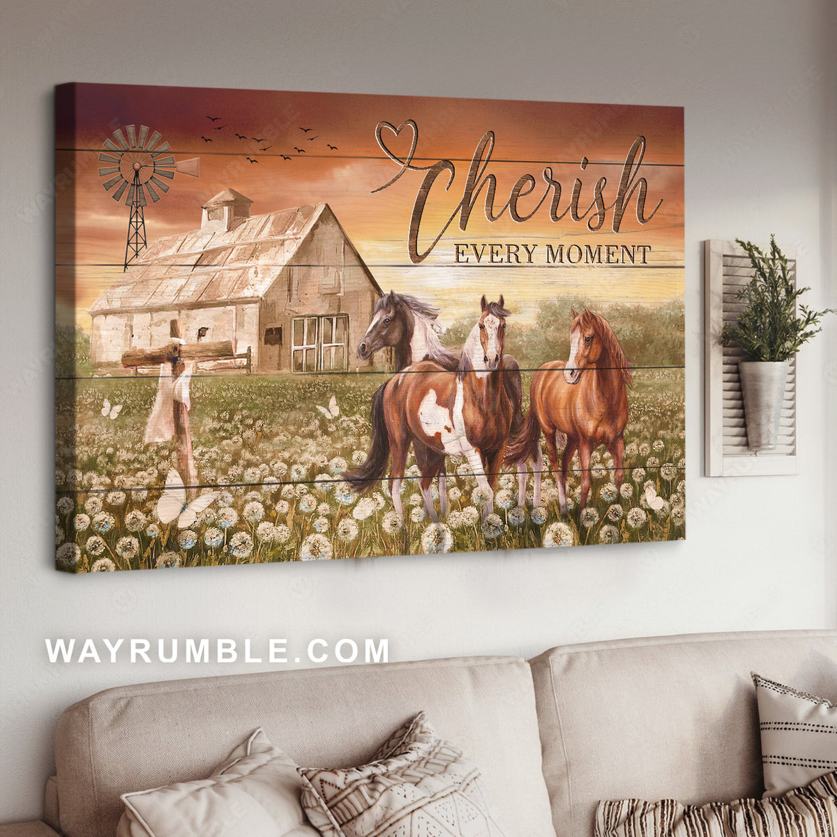 Quarter horse, Pretty dandelion field, Orange sunset, Cherish every moment - Jesus Landscape Canvas Prints, Home Decor Wall Art