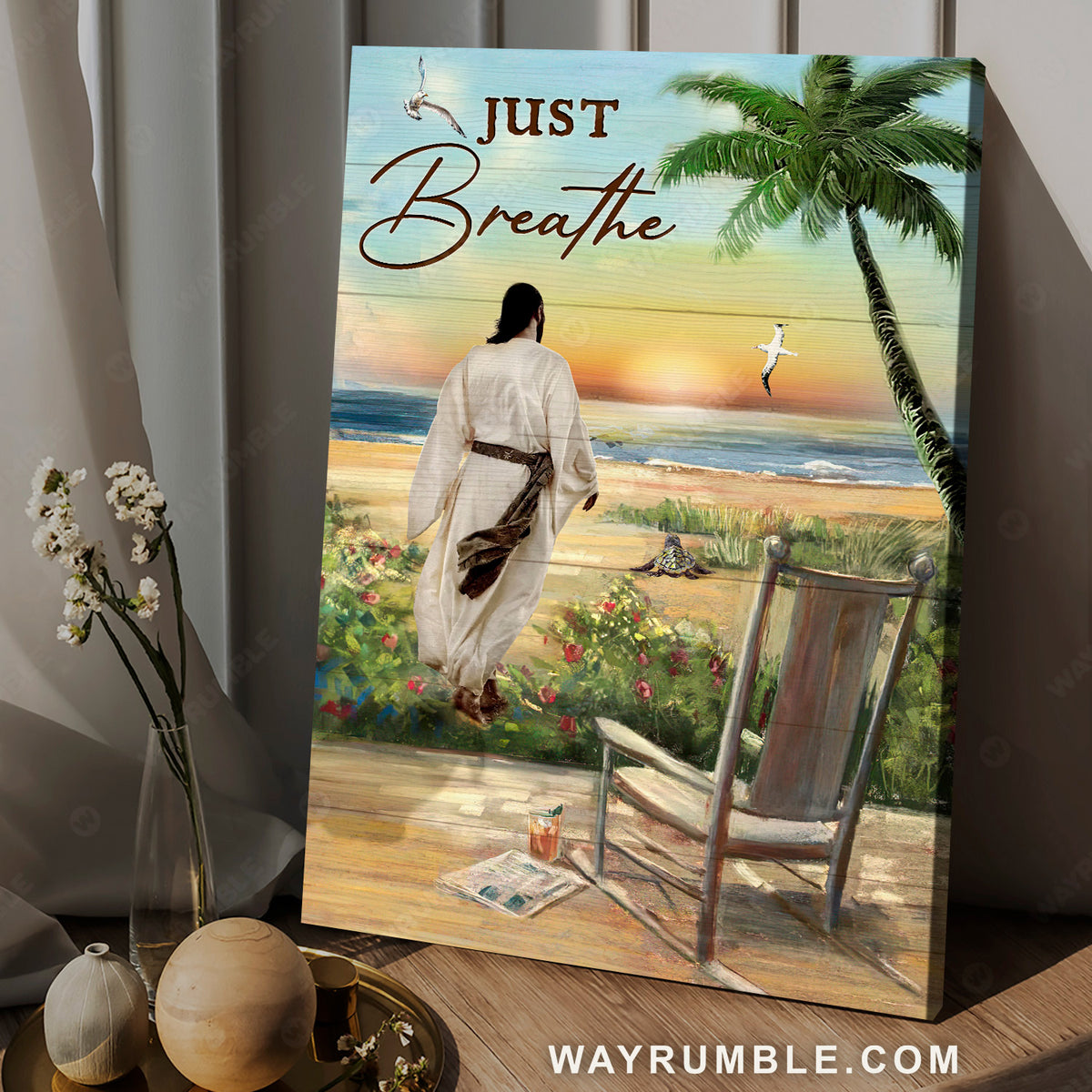 Pretty sunset, Wooden chair, Flower painting, Seagull, Just breathe - Jesus Portrait Canvas Prints, Christian Wall Art
