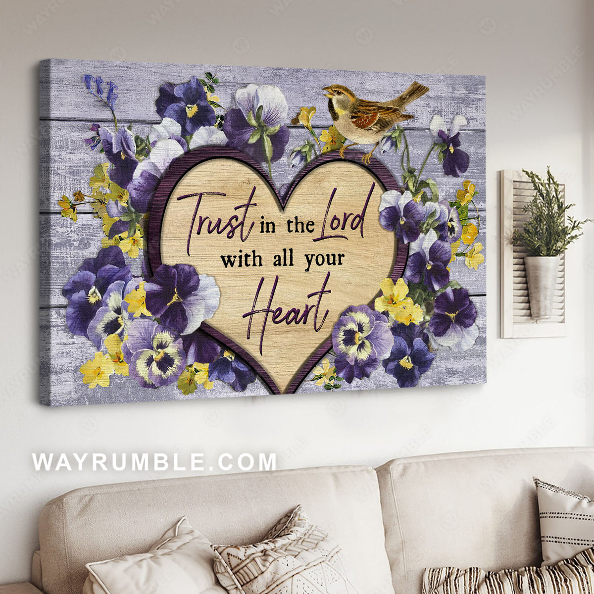 Pansy flower, Little bird, Heart shape, Trust in the Lord - Jesus Landscape Canvas Prints, Christian Wall Art