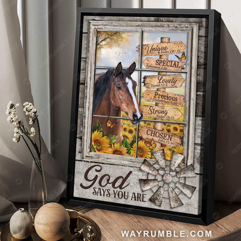 Brown horse drawing, Sunflower field, God says you are unique - Jesus Portrait Canvas Prints, Christian Wall Art