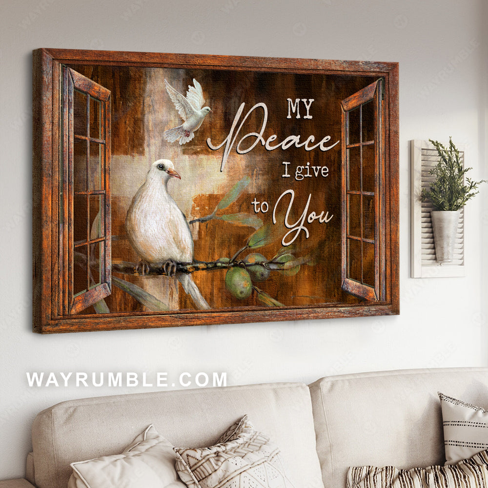 White dove symbol, Green tree, Antique window, My peace I give to you - Jesus Landscape Canvas Prints, Christian Wall Art