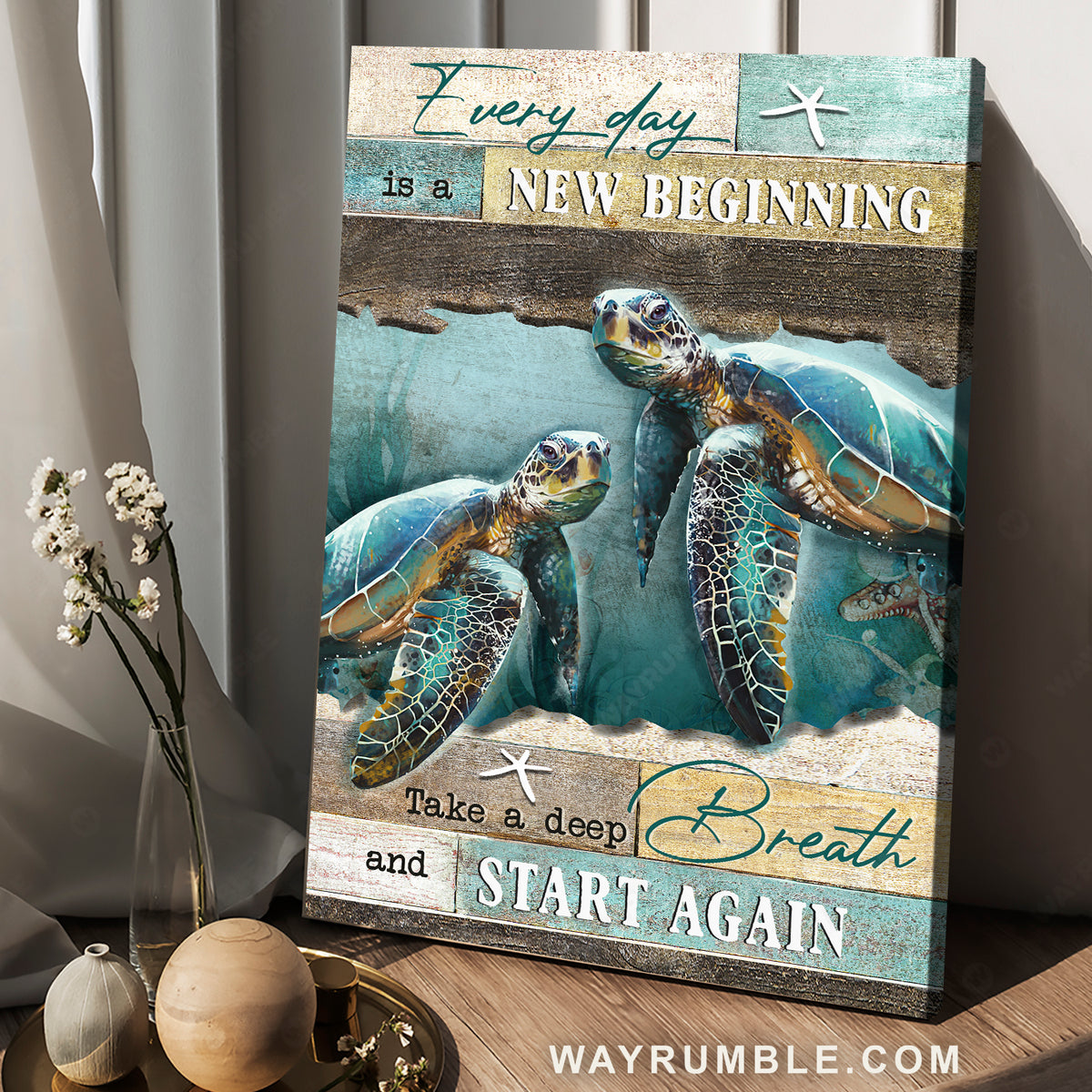 Amazing sea turtle, Deep ocean, White starfish, Every day is a new beginning - Jesus Portrait Canvas Prints, Christian Wall Art