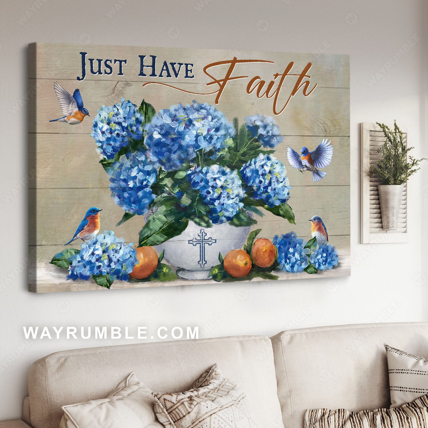 Pretty hydrangea vase, Unique hummingbird, Orange, Just have faith - Jesus Landscape Canvas Prints, Christian Wall Art
