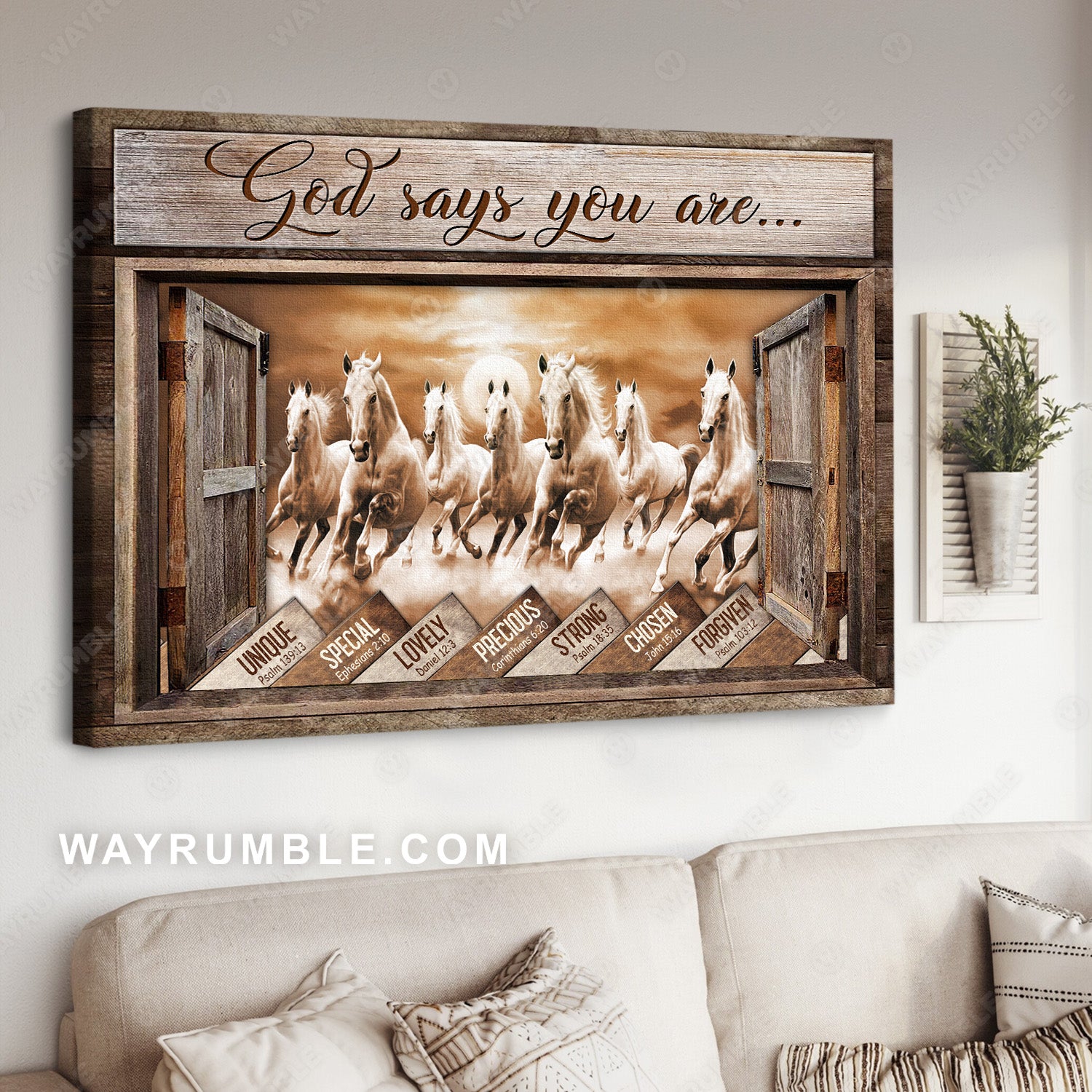 Running horses, Seven white horses, God says you are unique - Jesus Landscape Canvas Prints, Christian Wall Art