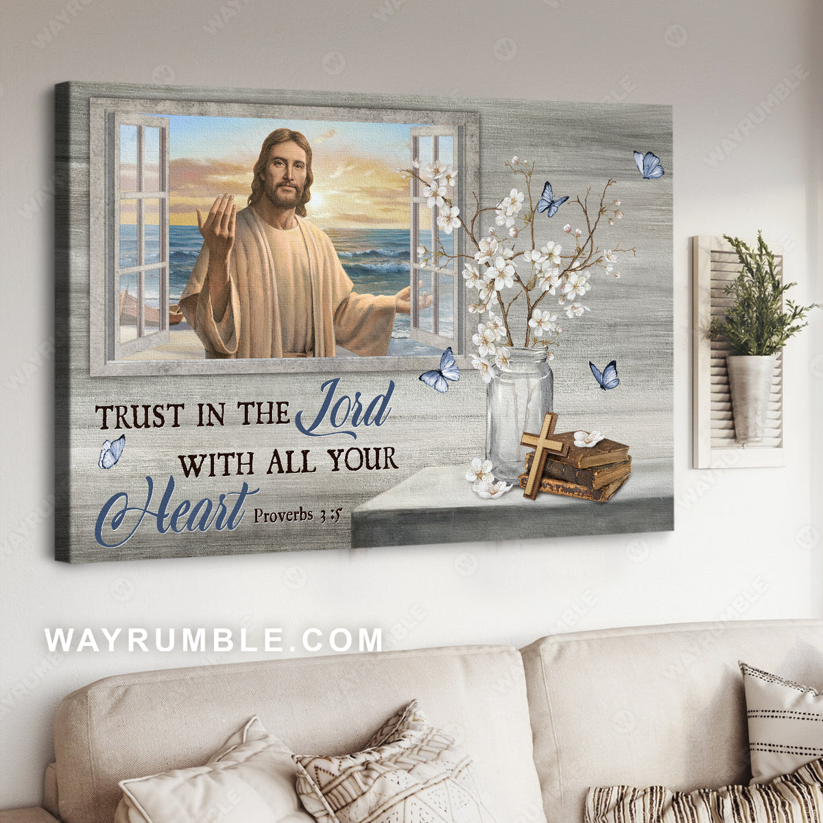 Jesus painting, White jasmine, Blue butterfly, Trust in the Lord - Jesus Landscape Canvas Prints, Home Decor Wall Art
