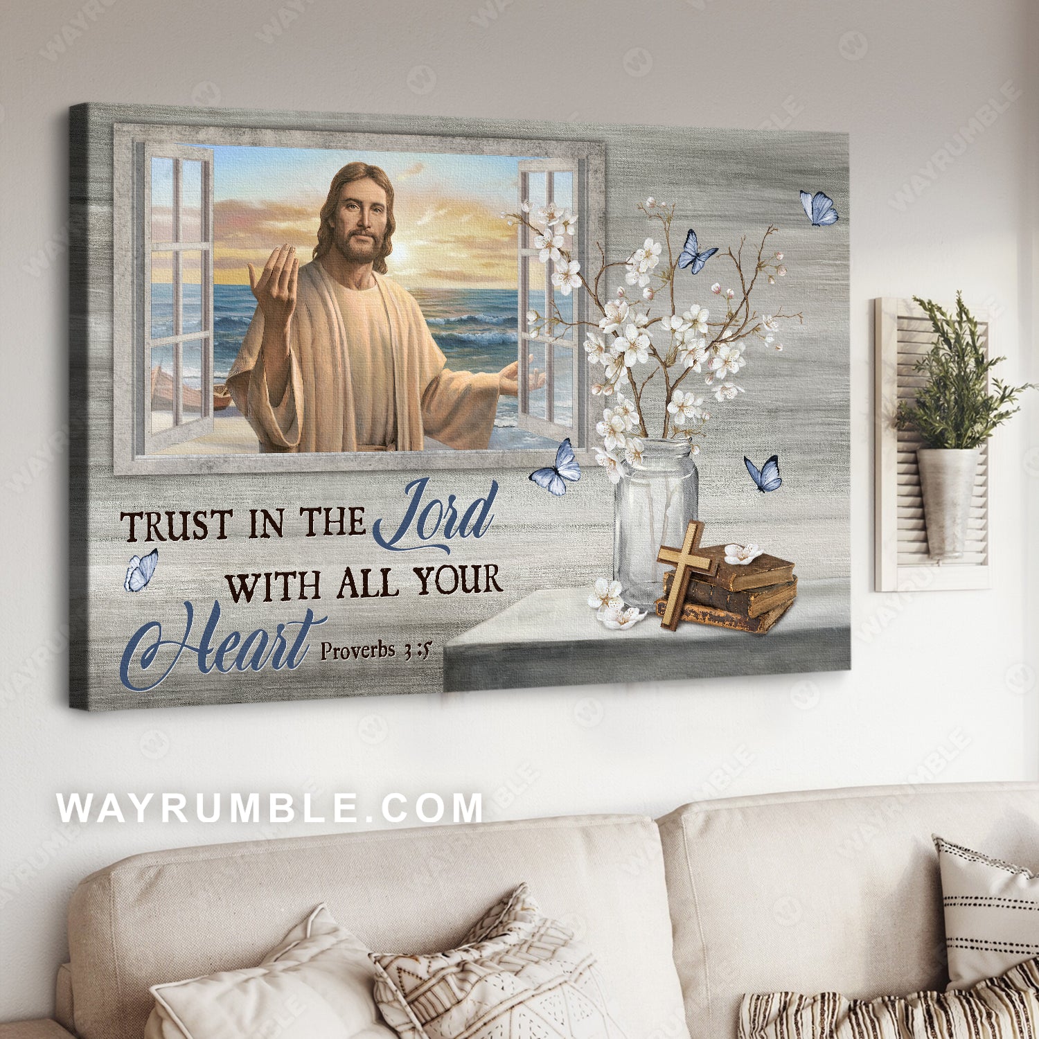 Jesus painting, White jasmine, Blue butterfly, Trust in the Lord - Jesus Landscape Canvas Prints, Home Decor Wall Art
