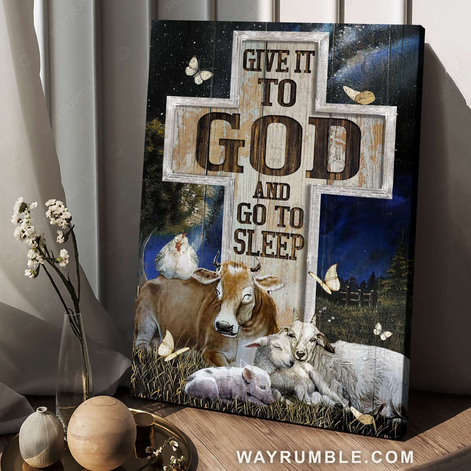 Farm cattle, Night sleep, Star sky, Give it to God and go to sleep - Jesus Portrait Canvas Prints, Christian Wall Art
