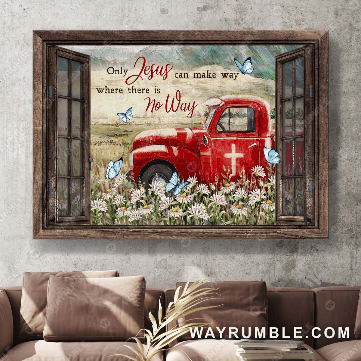 Red truck, On the flower filed, Mountain landscape, Only Jesus can make way where there is no way - Jesus Landscape Canvas Prints, Wall Art