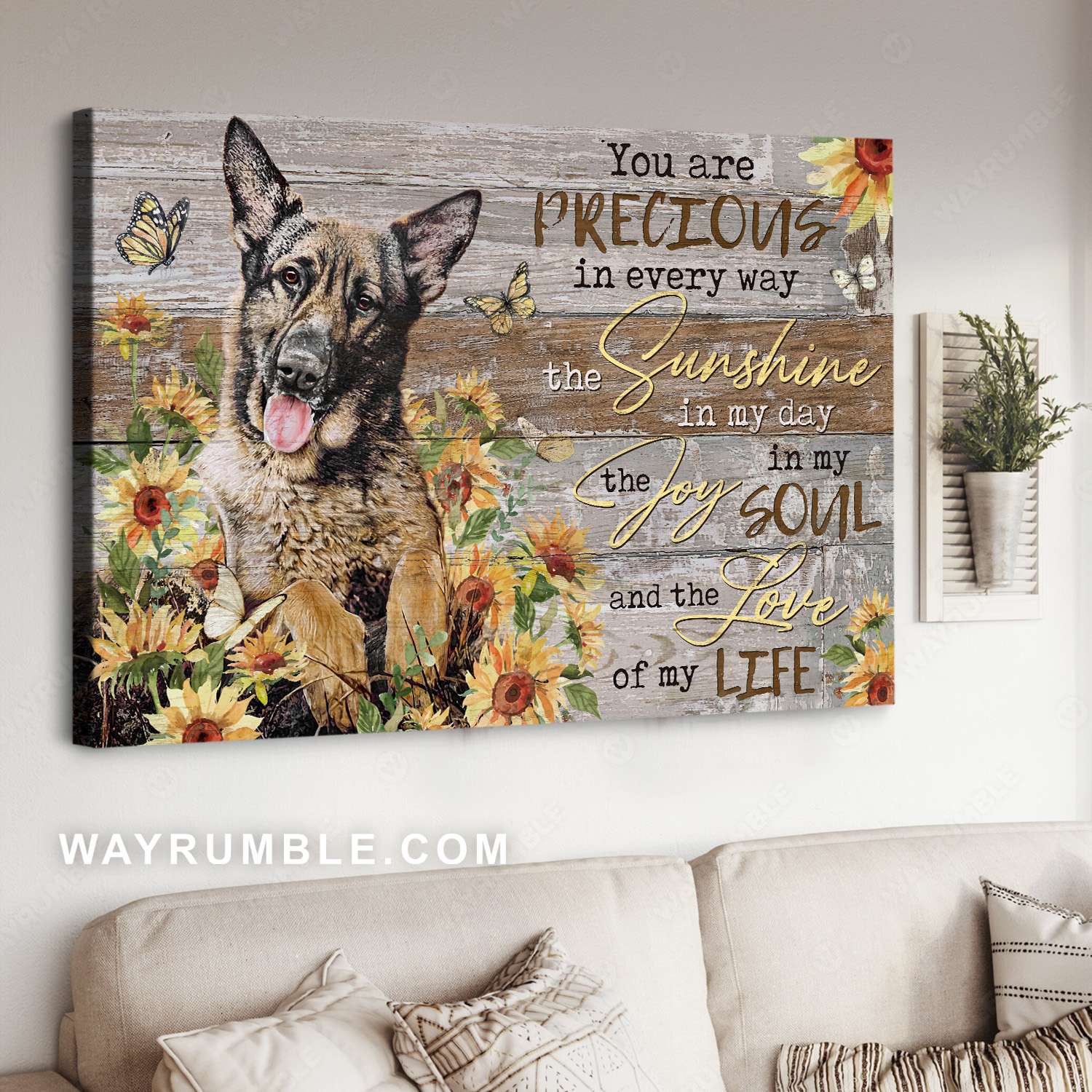 German shepherd, Sunflower garden, Yellow butterfly, You are precious - Jesus Landscape Canvas Prints, Christian Wall Art
