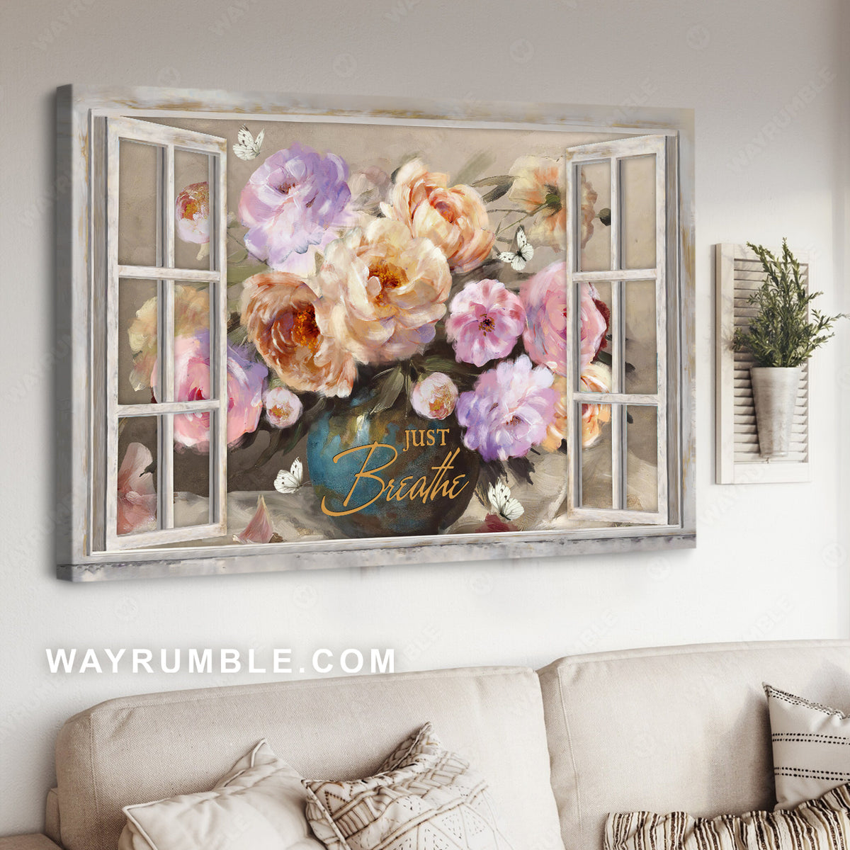Pink camellia, Purple flowers, White butterfly, Just breathe - Jesus Landscape Canvas Prints, Christian Wall Art