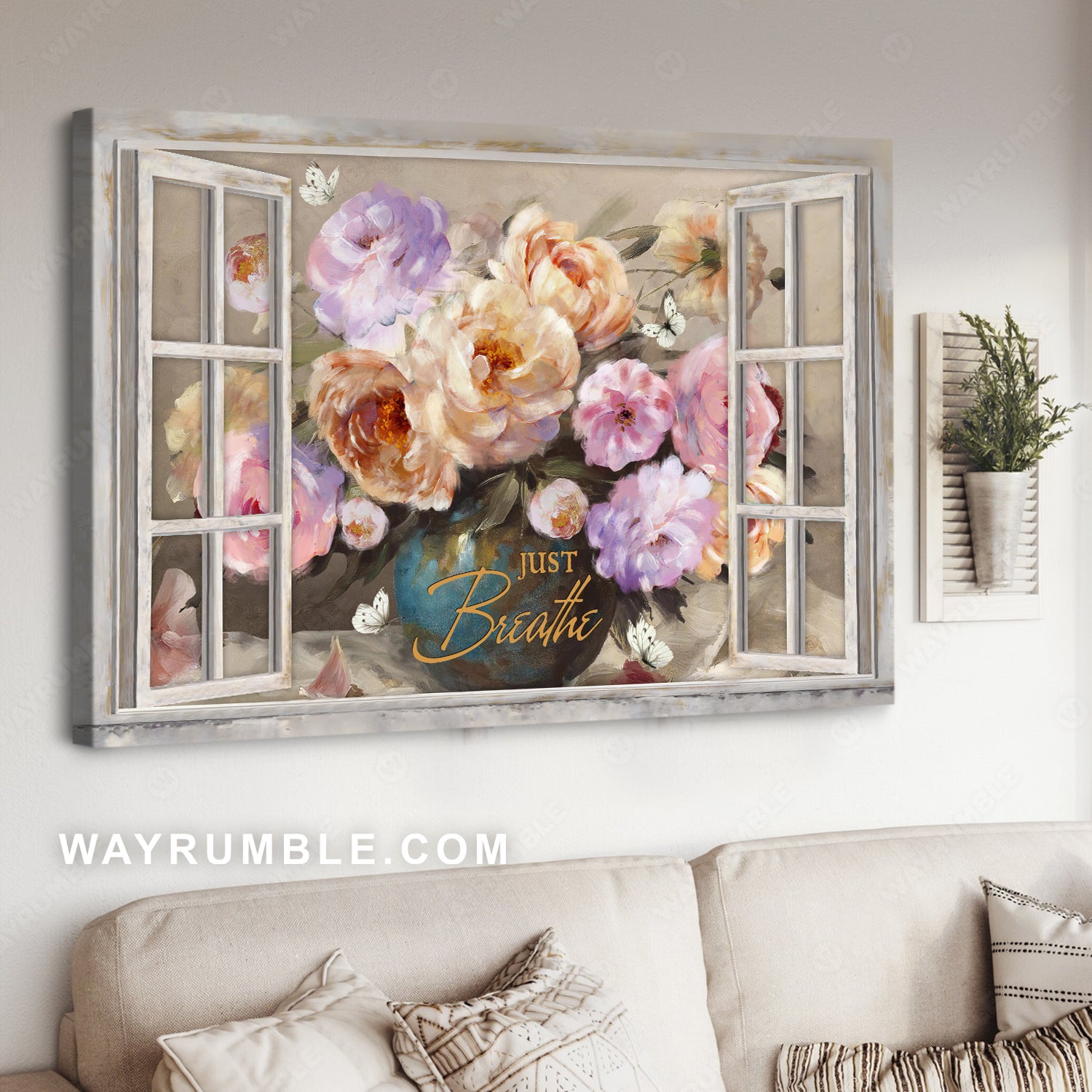 Pink camellia, Purple flowers, White butterfly, Just breathe - Jesus Landscape Canvas Prints, Christian Wall Art