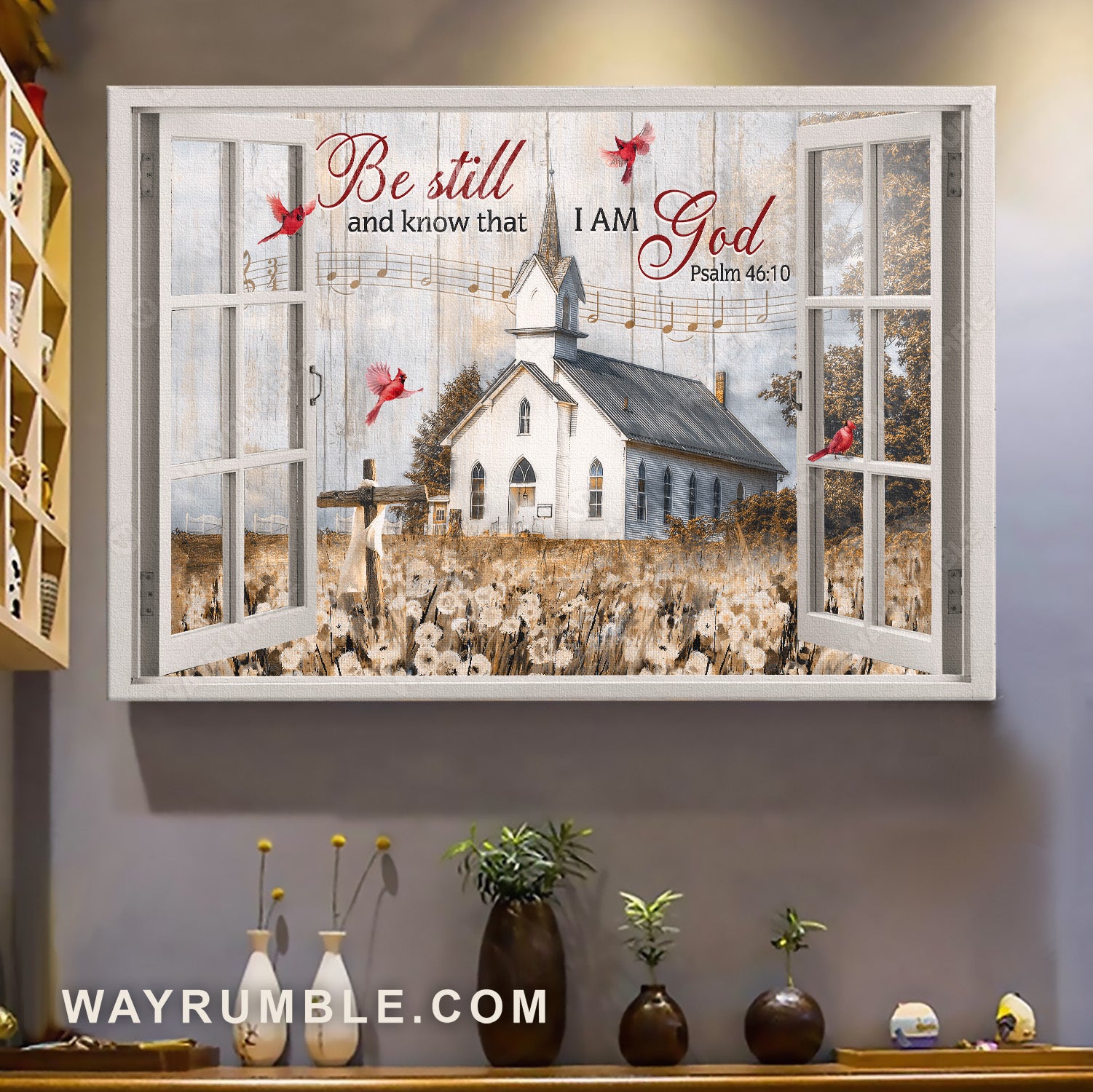 Beautiful church, Dandelion field, Red cardinal, Be still and know that I am God - Jesus Landscape Canvas Prints, Home Decor Wall Art
