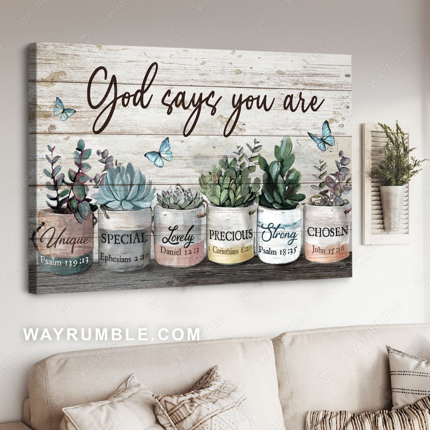 Echeveria types, Plant pot, Blue butterfly, God says you are precious - Jesus Landscape Canvas Prints, Christian  Wall Art