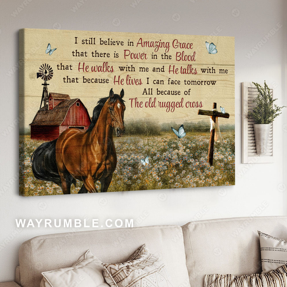 Daisy field, Brown horse, Yellow sky, Butterfly, I still believe in amazing grace - Jesus Landscape Canvas Prints, Christian Wall Art