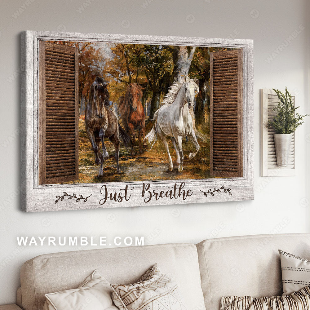 Crazy horses, Autumn forest, Wooden window, Sunny day, Just breathe - Jesus Landscape Canvas Prints, Wall Art