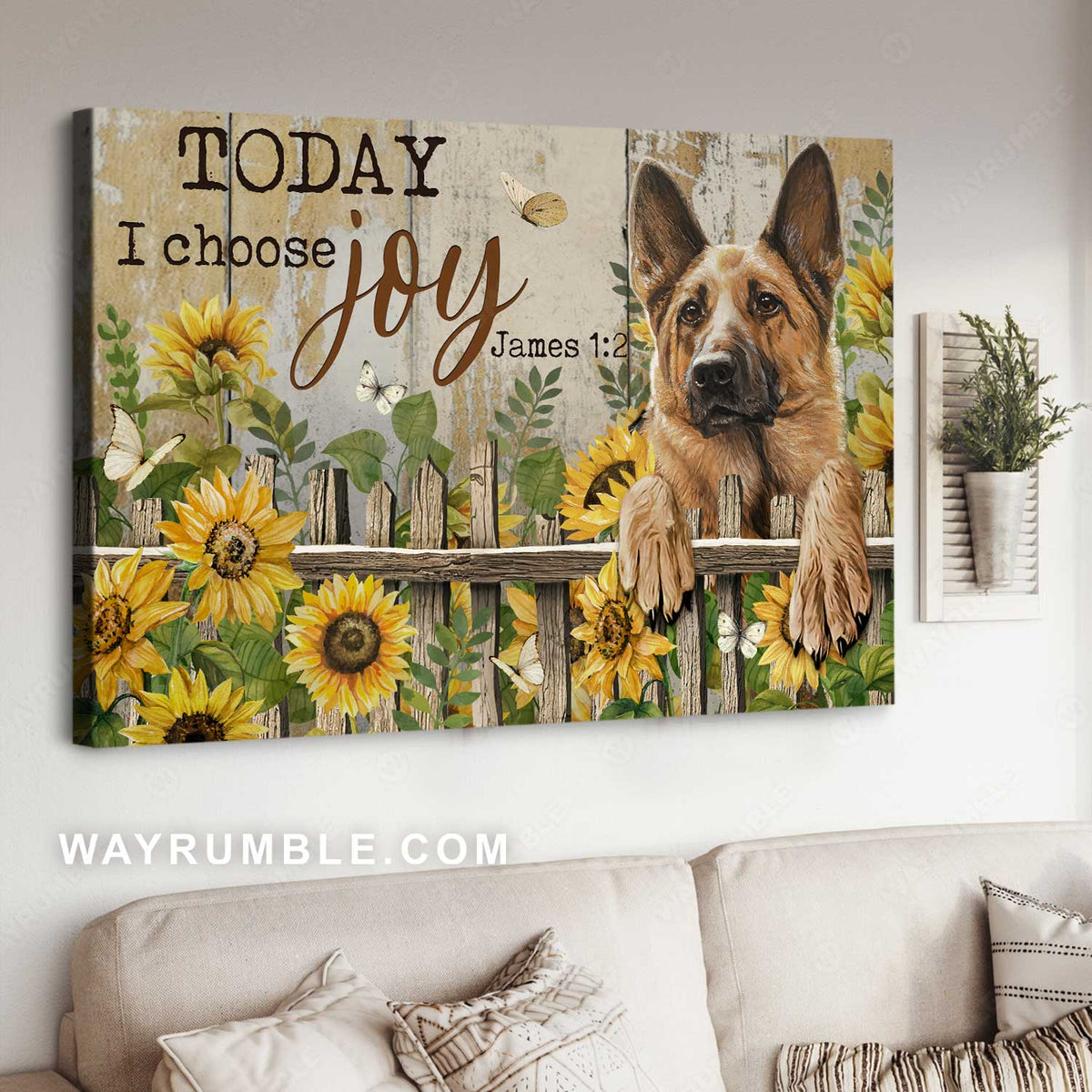 Lovely German Shepherd, Sunflower garden, Wooden fence, Today I choose joy - Jesus Landscape Canvas Prints, Home Decor Wall Art