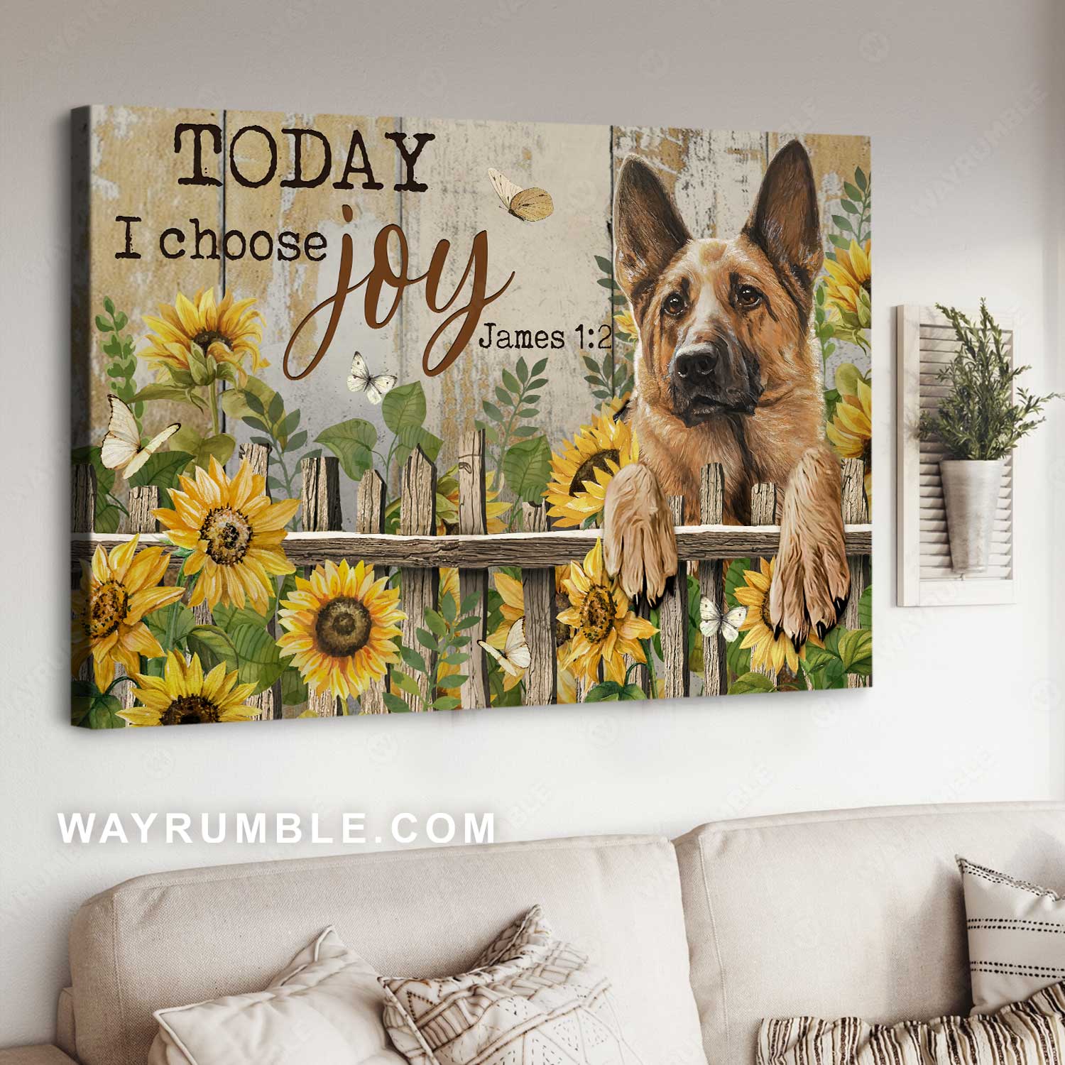 Lovely German Shepherd, Sunflower garden, Wooden fence, Today I choose joy - Jesus Landscape Canvas Prints, Home Decor Wall Art