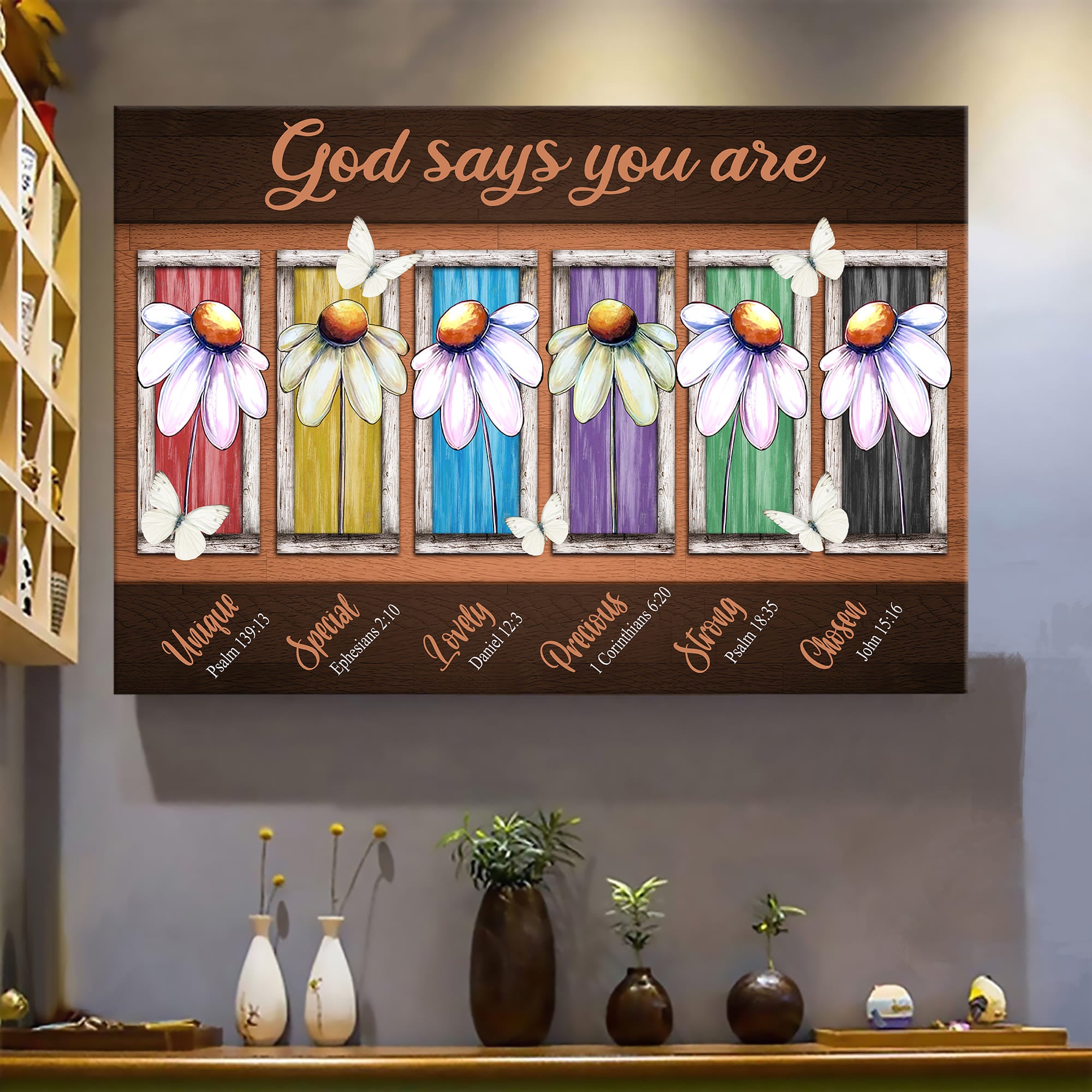 Colorful Daisy flowers, White butterfly, God says you are - Jesus Landscape Canvas Prints, Wall Art