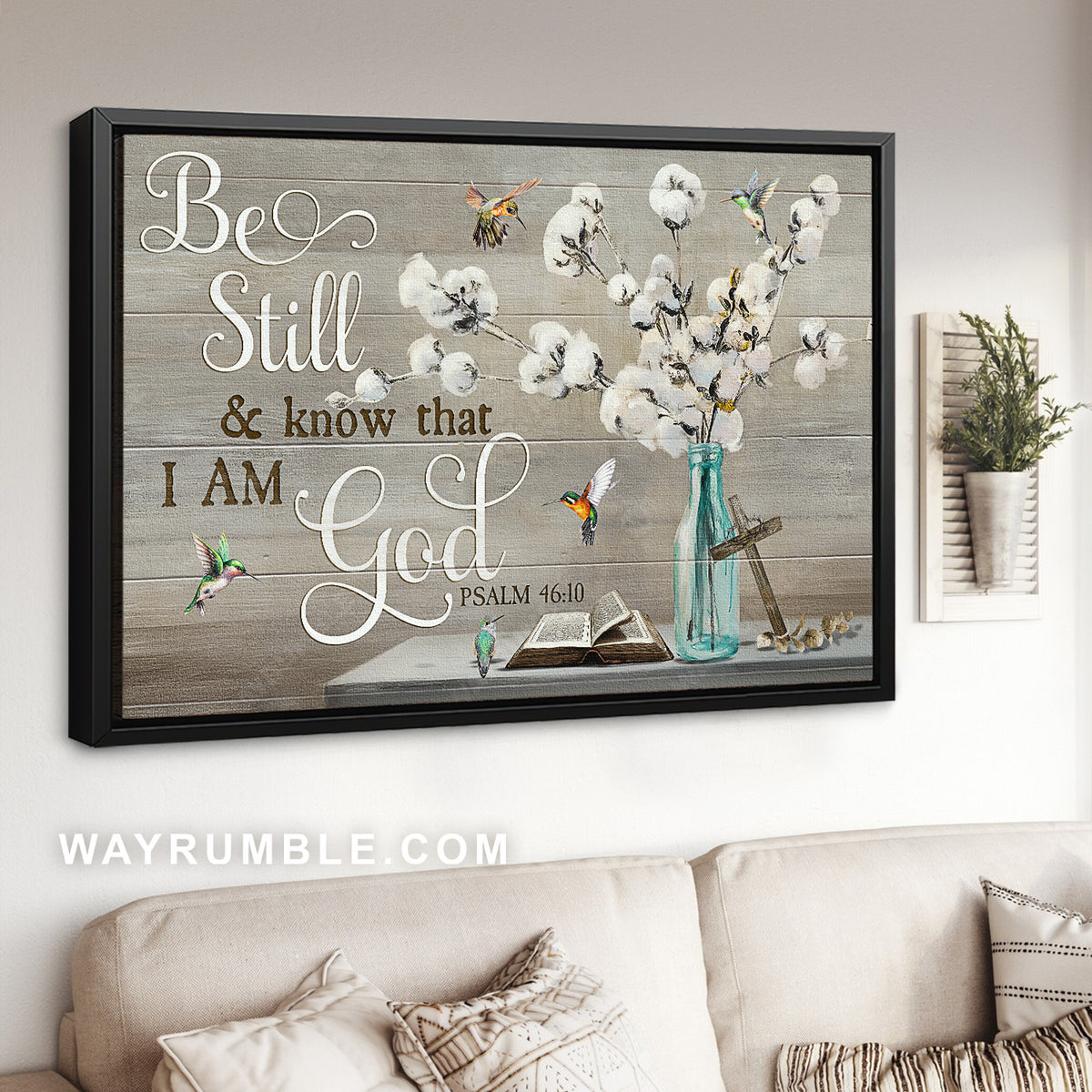 Beautiful cotton flower, Blue bottle, Hummingbird, Be still and know that  I am God - Jesus Landscape Canvas Prints, Home Decor Wall Art