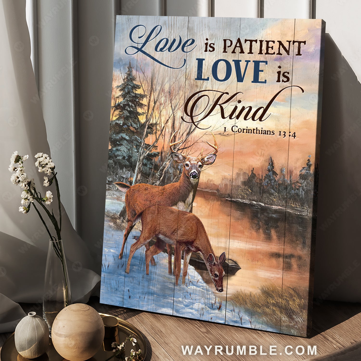 Brown deer, Orange sunset, Pretty forest, Love is patient, Love is kind - Jesus Portrait Canvas Prints, Home Decor Wall Art