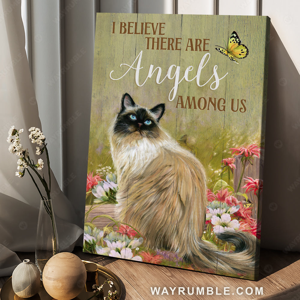 Beautiful cat, Pink flower garden, I believe there are angels among us - Jesus Portrait Canvas Prints, Christian Wall Art