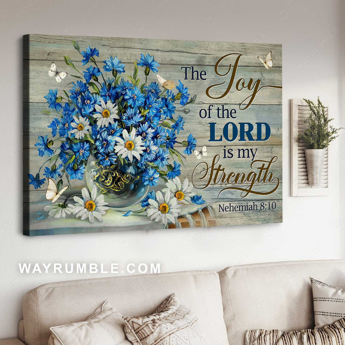 Blue daisy, Daisy vase, White butterfly, The joy of the Lord is my strength - Jesus Landscape Canvas Prints, Home Decor Wall Art