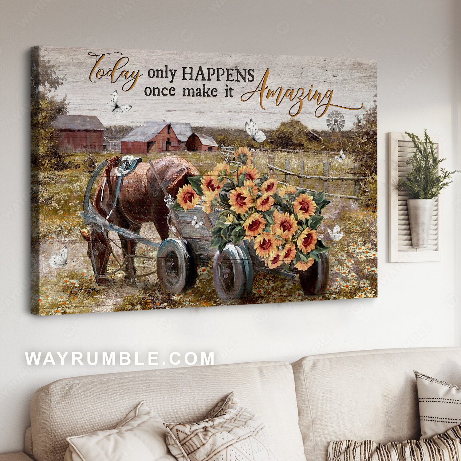 Horse cart, Sunflower painting, Farm life, Today only happens once - Jesus Landscape Canvas Prints, Christian Wall Art