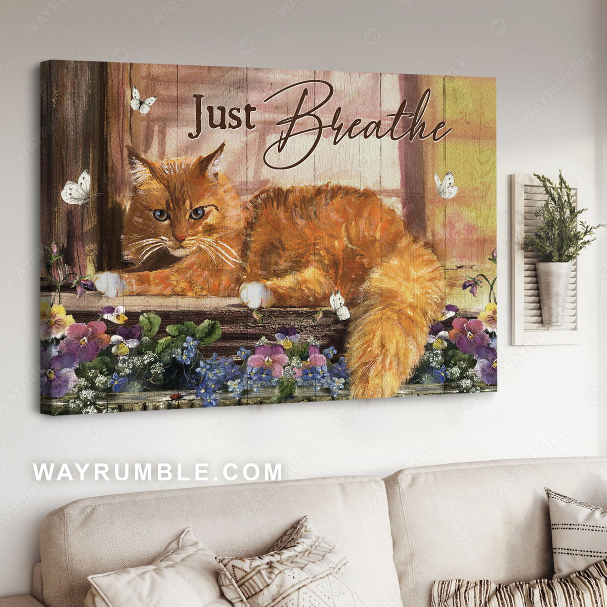Beautiful cat painting, Purple flower, White butterfly, Just breathe - Jesus Landscape Canvas Prints, Christian Wall Art
