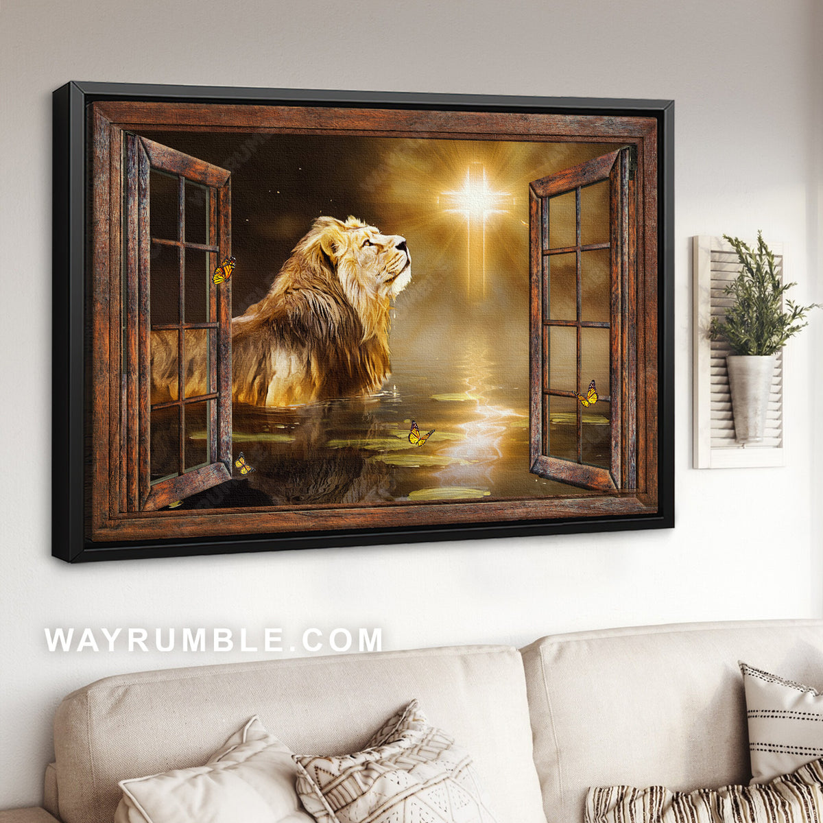 Lion of Judah, Light cross, Magic lake, Beautiful night - Jesus Landscape Canvas Prints, Christian Wall Art