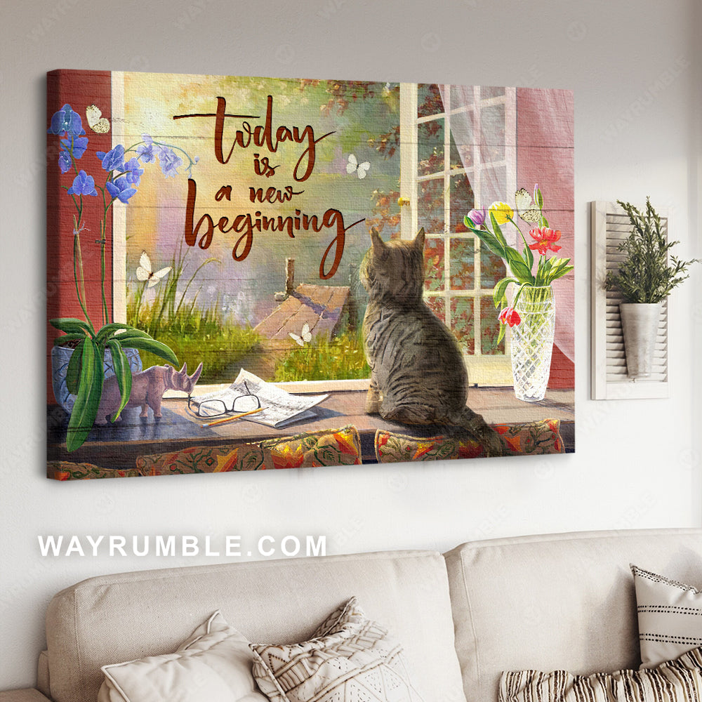 Cute cat, Peace garden, Sunny day, Today is a new beginning - Jesu Landscape Canvas Prints, Christian Wall Art