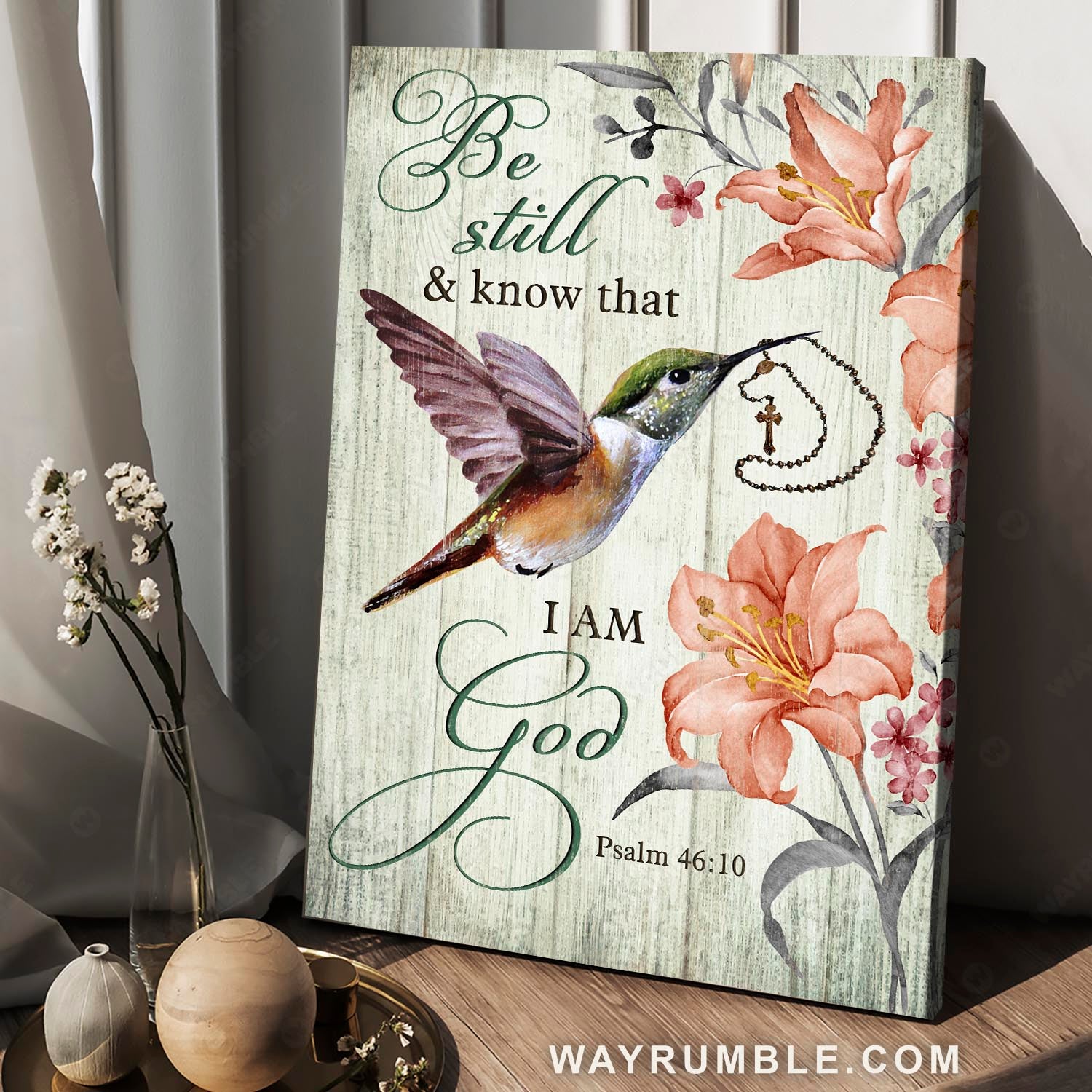 Beautiful hummingbird, Orange lily, Cross bracelet, Be still I am God - Jesus Portrait Canvas Prints, Christian Wall Art