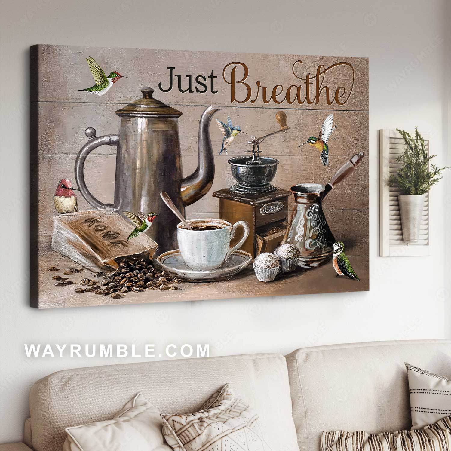 Vintage coffee cup, Beautiful painting, Colorful hummingbird, Just breathe - Jesus Landscape Canvas Prints, Home Decor Wall Art