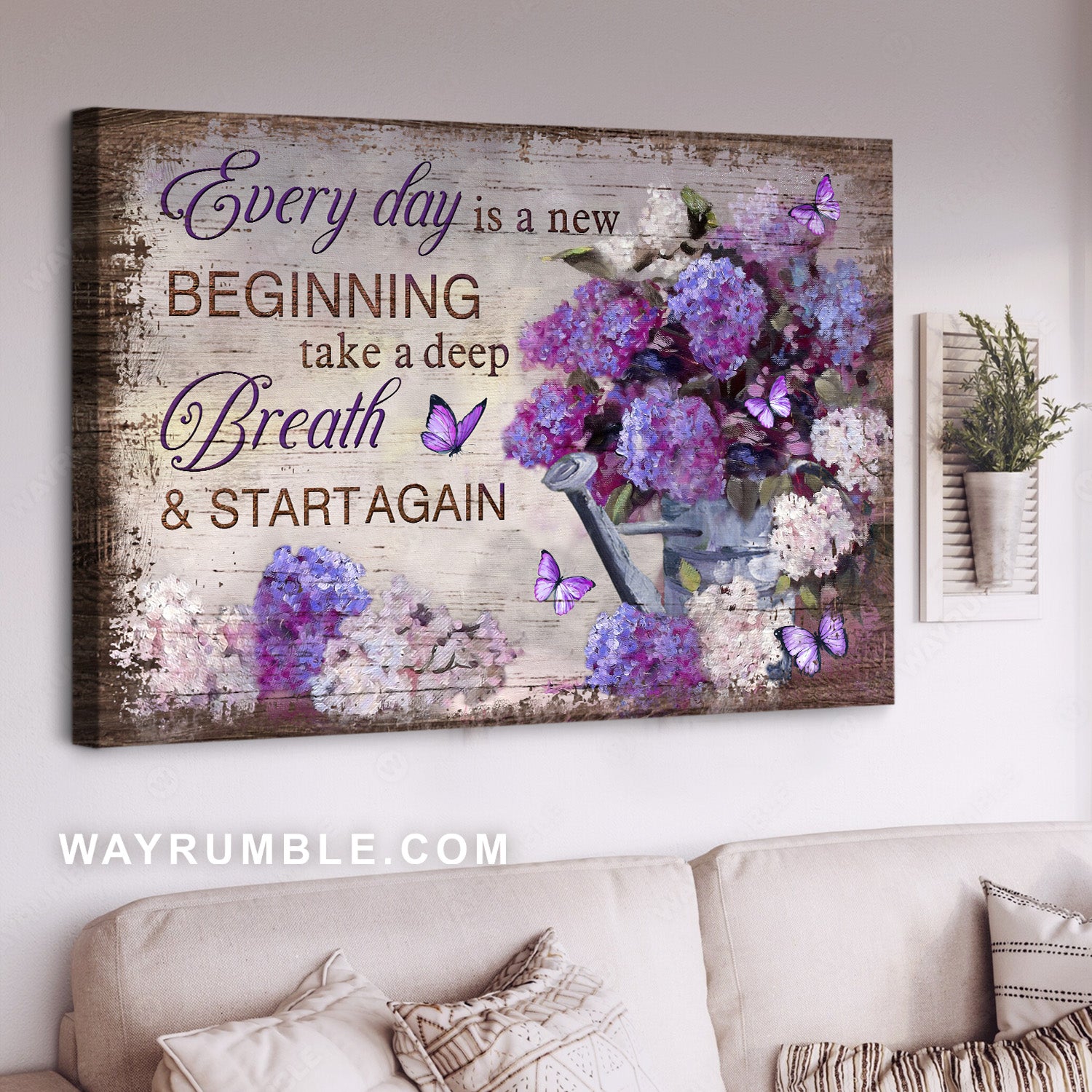 Stunning purple hydrangea, Pretty butterfly, Every day is a new beginning - Jesus Landscape Canvas Prints, Home Decor Wall Art