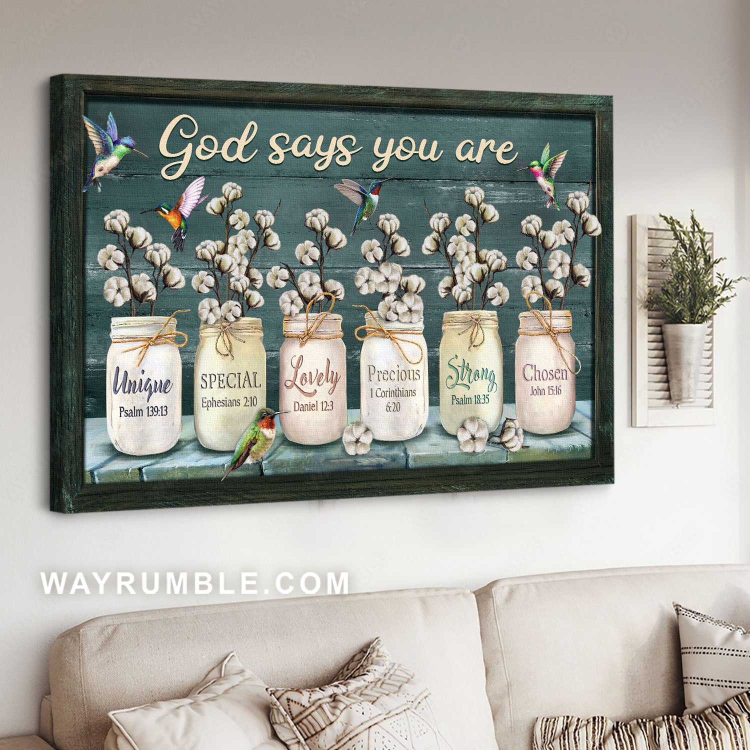Cotton flower, Glass jar, Colorful hummingbirds, God says you are unique - Jesus Landscape Canvas Prints, Christian Wall Art