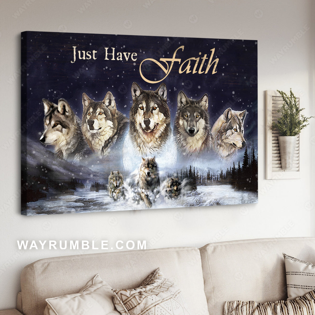 Watercolor wolf, Winter forest, White snow, Just have faith - Jesus Landscape Canvas Prints, Christian Wall Art
