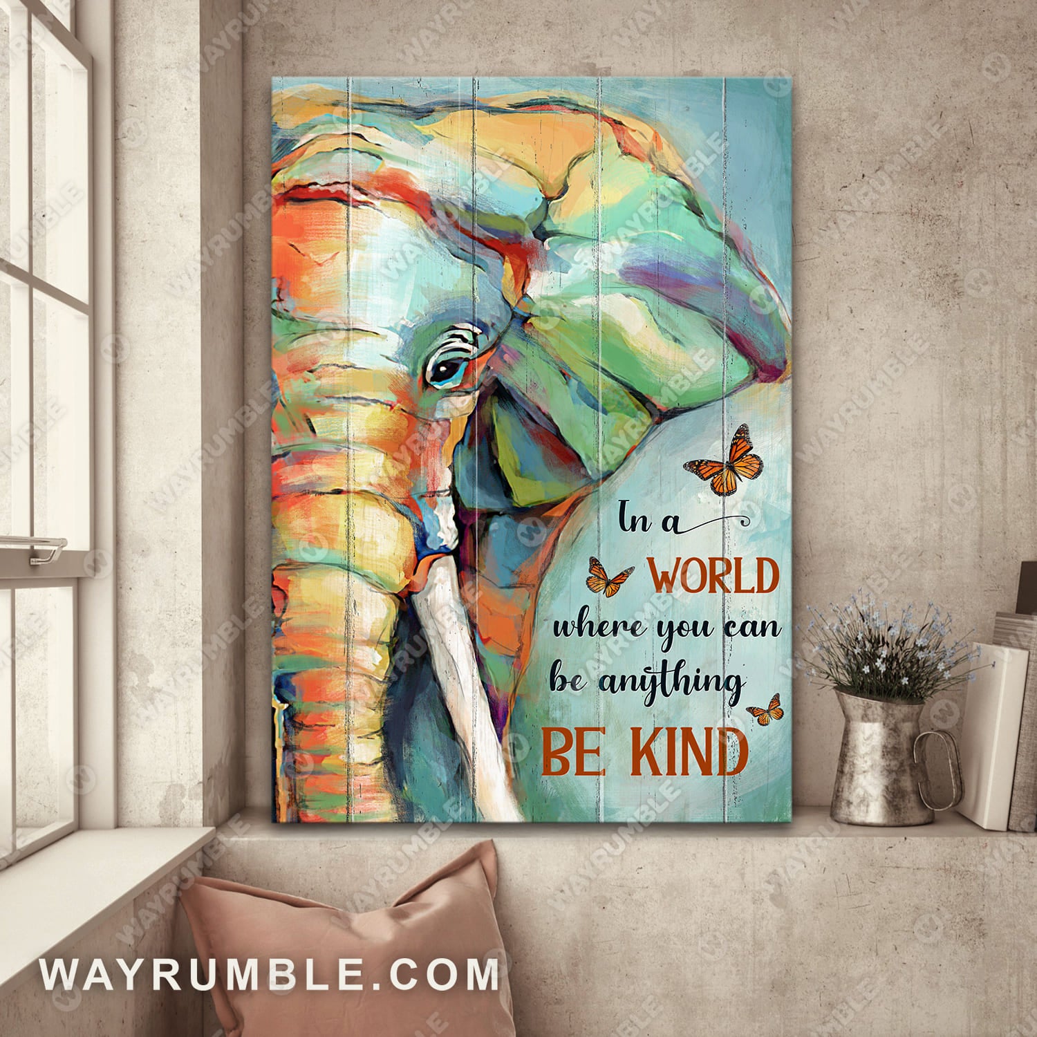 Colorful elephant painting, Orange butterfly, In a world where you can be anything be kind - Jesus Portrait Canvas Prints, Wall Art