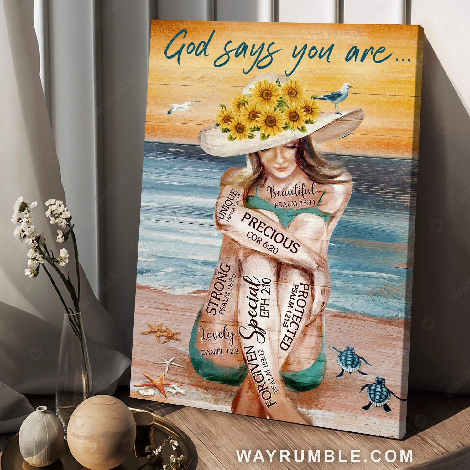 Beautiful girl, Sunflower hat, On the beach, God says you are protected - Jesus Portrait Canvas Prints, Christian Wall Art