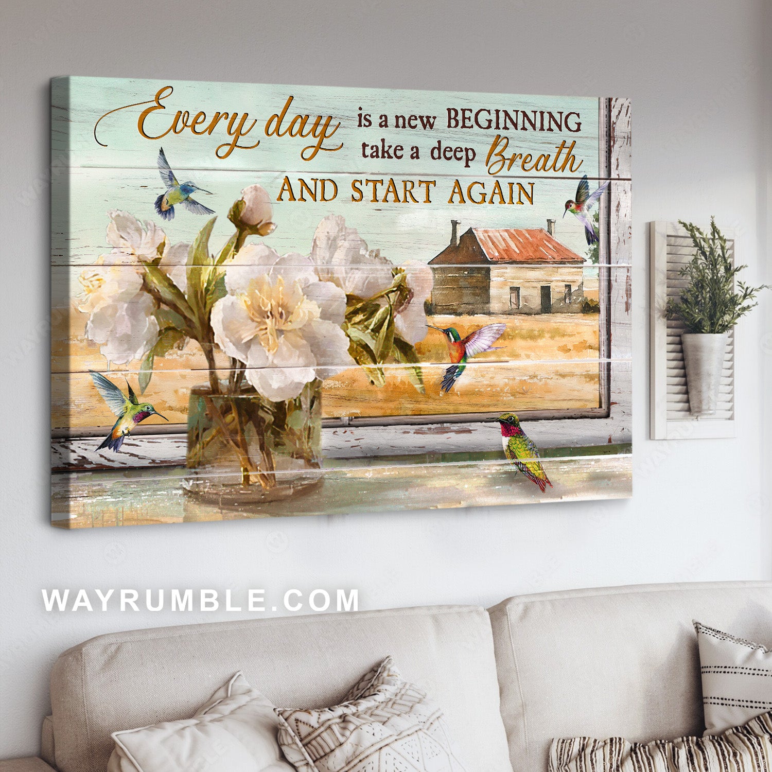 Vintage flower, Sunny day, Pretty hummingbird, Every day is a new beginning - Jesus Landscape Canvas Prints, Home Decor Wall Art