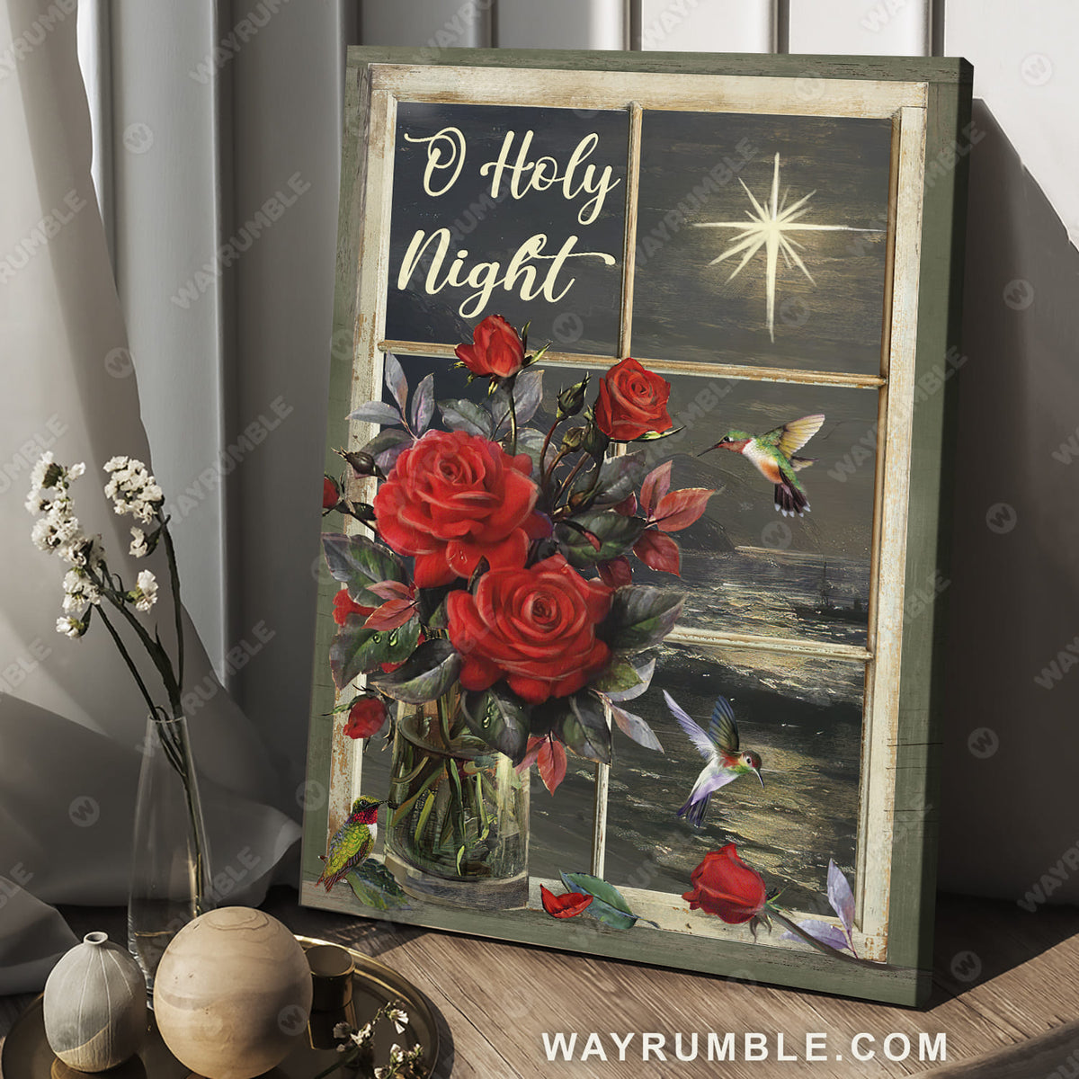 Red rose flower, Colorful hummingbird, Beautiful moon, O holy night - Jesus Portrait Canvas Prints, Wall Art
