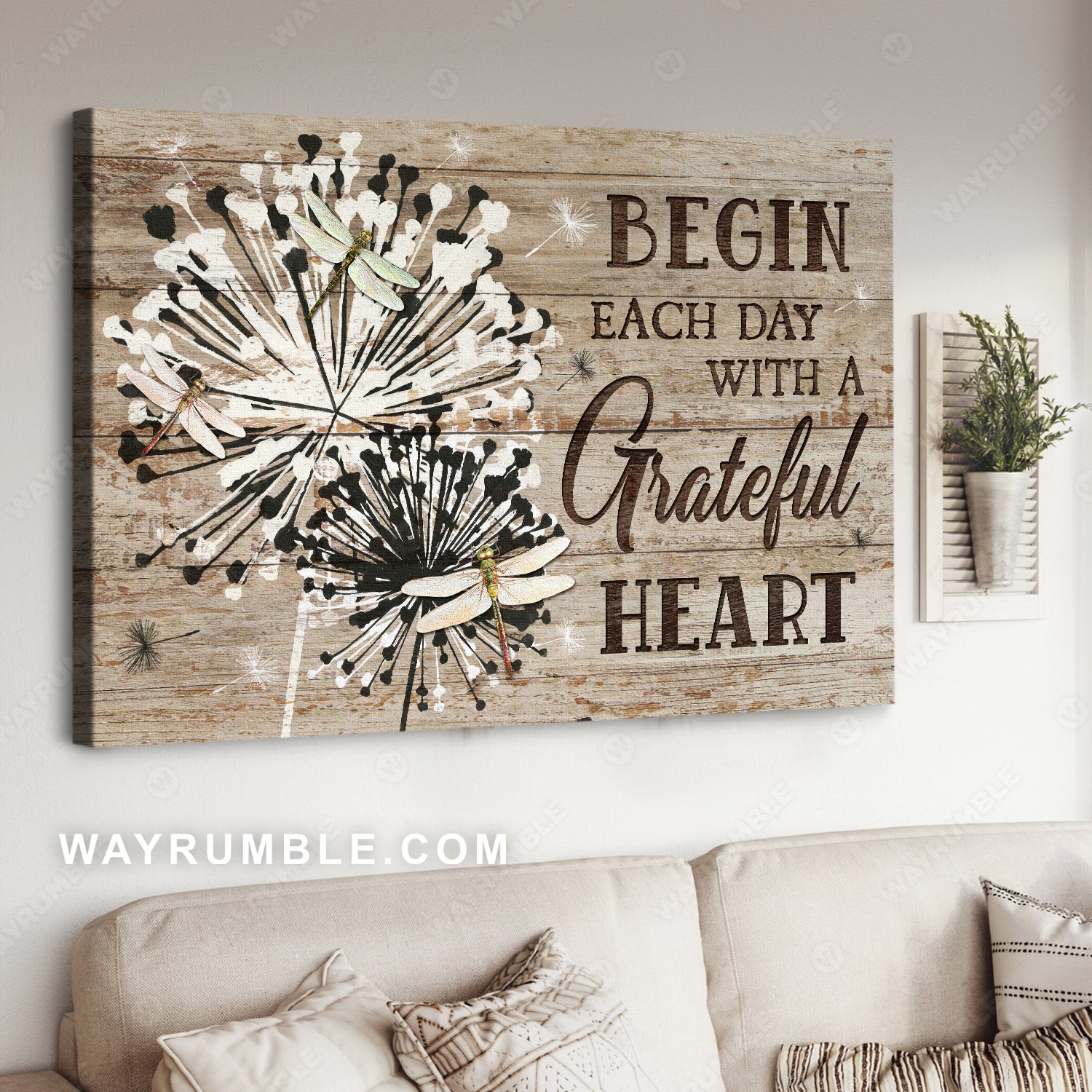 Watercolor dragonfly, Dandelion, Begin each day with a grateful heart - Jesus Landscape Canvas Prints, Home Decor Wall Art